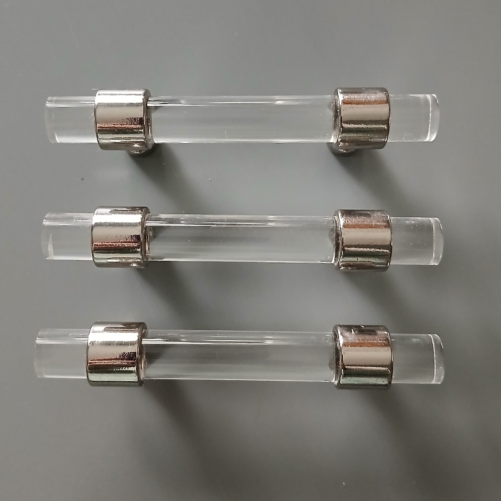 Lot of 3 Modern Clear Acrylic Lucite Silver Banded Drawer Pulls Handles 2.75"